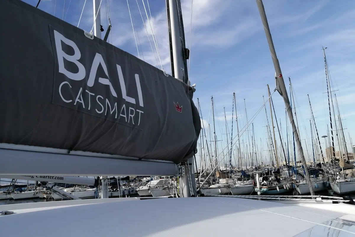 Exterior view of Violante, a Bali Catsmart catamaran at Cagliari, Italy