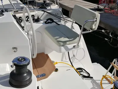 Cockpit of Violante, a Bali Catsmart catamaran at Cagliari, Italy