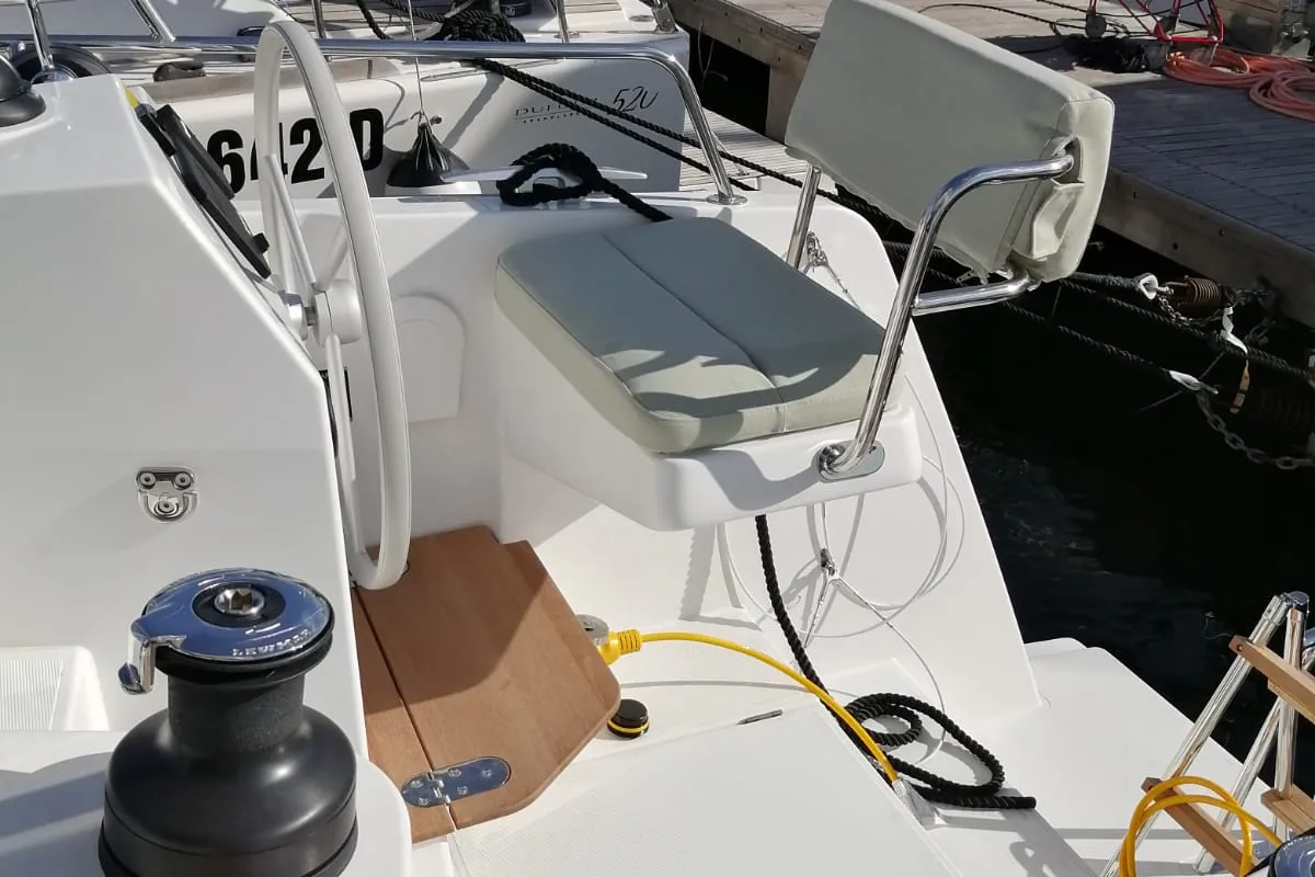 Cockpit of Violante, a Bali Catsmart catamaran at Cagliari, Italy