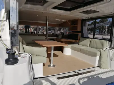 Deck of Violante, a Bali Catsmart catamaran at Cagliari, Italy
