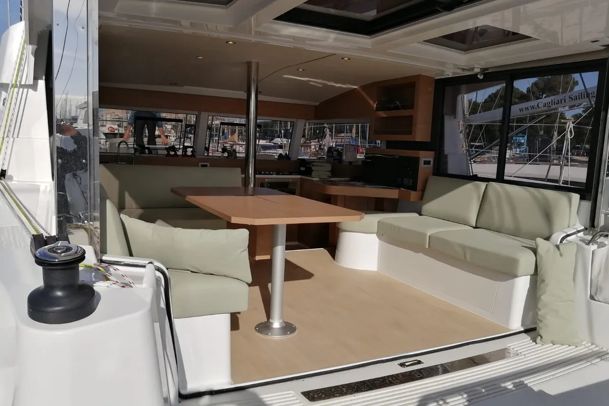 Deck of Violante, a Bali Catsmart catamaran at Cagliari, Italy