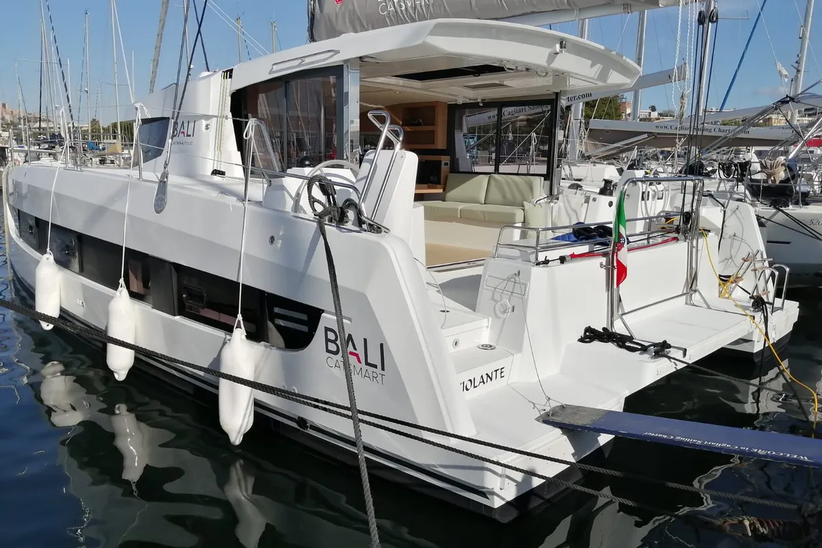 Exterior view of Violante, a Bali Catsmart catamaran at Cagliari, Italy