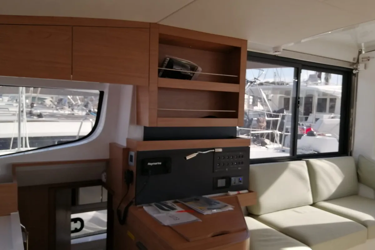 Salon of Violante, a Bali Catsmart catamaran at Cagliari, Italy