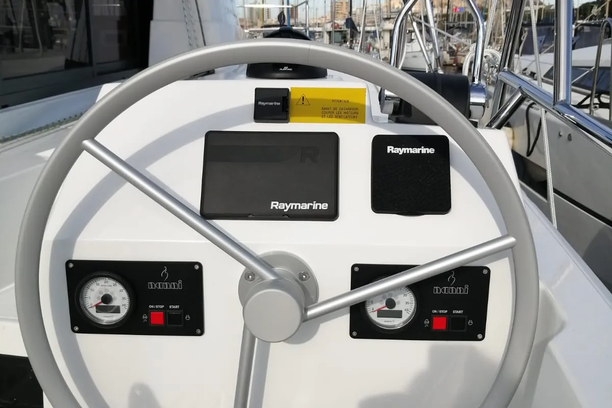 Cockpit of Violante, a Bali Catsmart catamaran at Cagliari, Italy