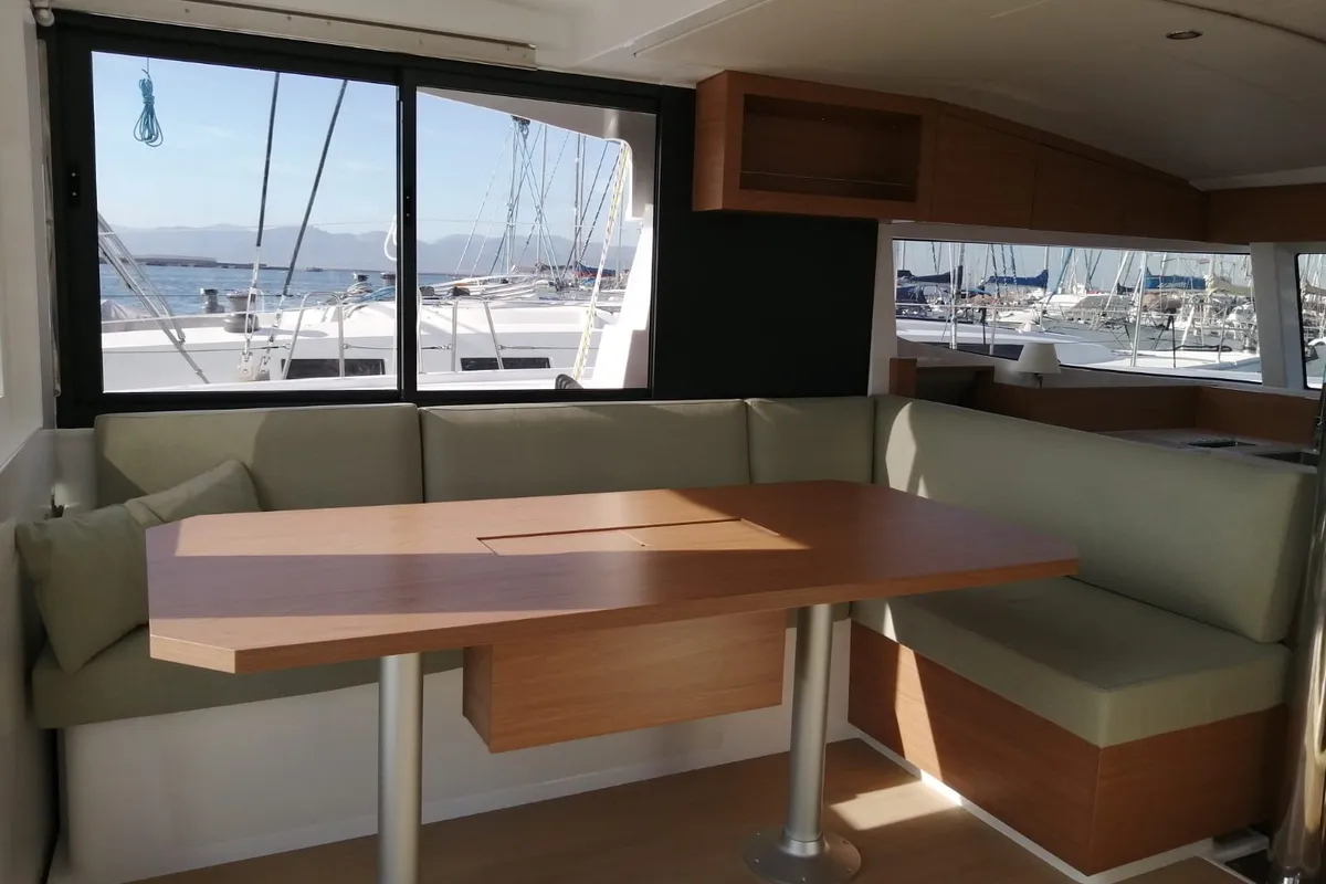 Salon of Violante, a Bali Catsmart catamaran at Cagliari, Italy