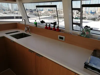 Galley of Violante, a Bali Catsmart catamaran at Cagliari, Italy