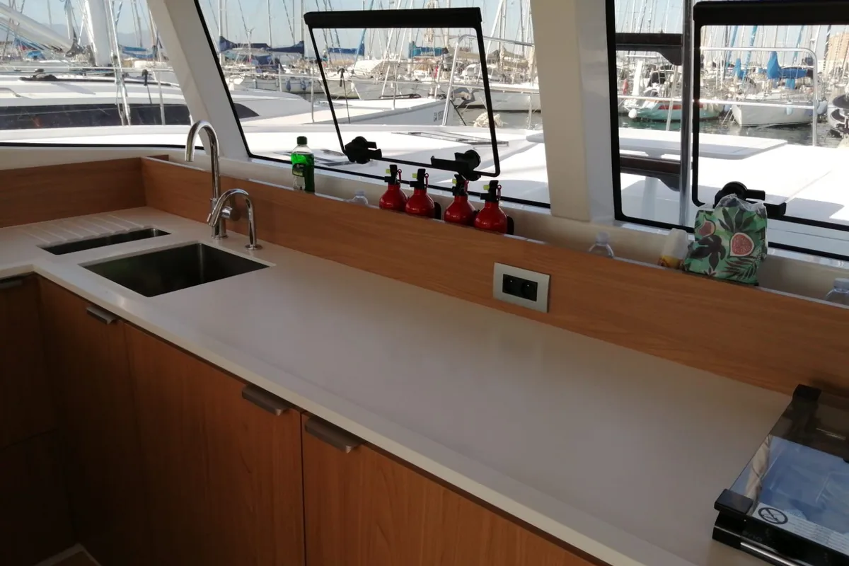 Galley of Violante, a Bali Catsmart catamaran at Cagliari, Italy