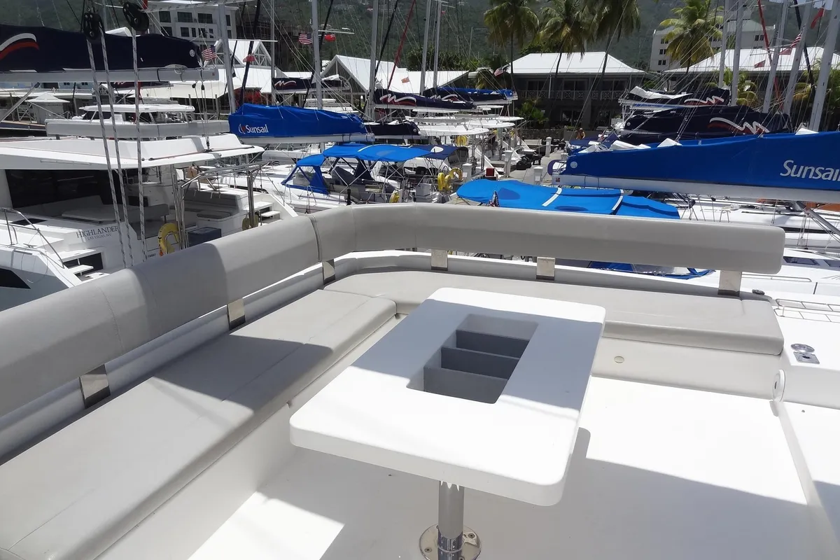 Deck of Good Vibrations, a Beneteau Moorings 5000 catamaran at Road Town, British Virgin Islands