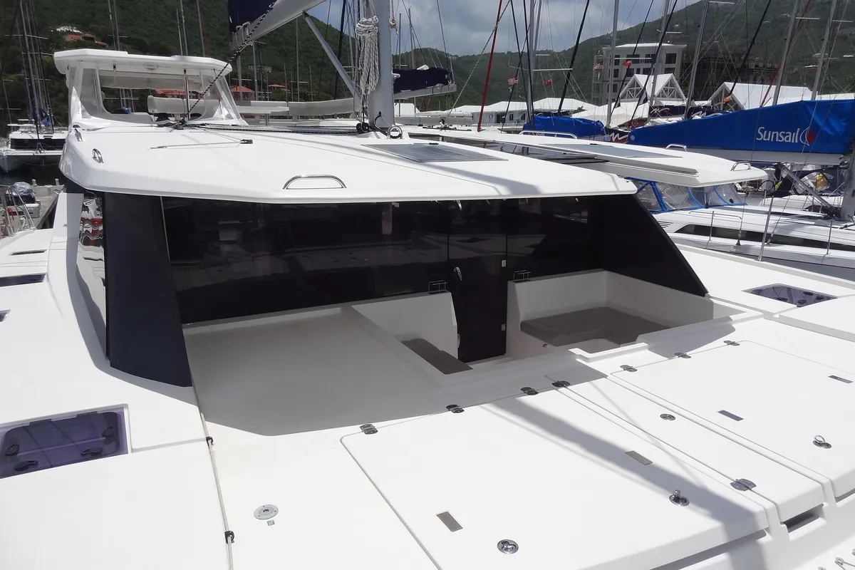 Exterior view of Good Vibrations, a Beneteau Moorings 5000 catamaran at Road Town, British Virgin Islands