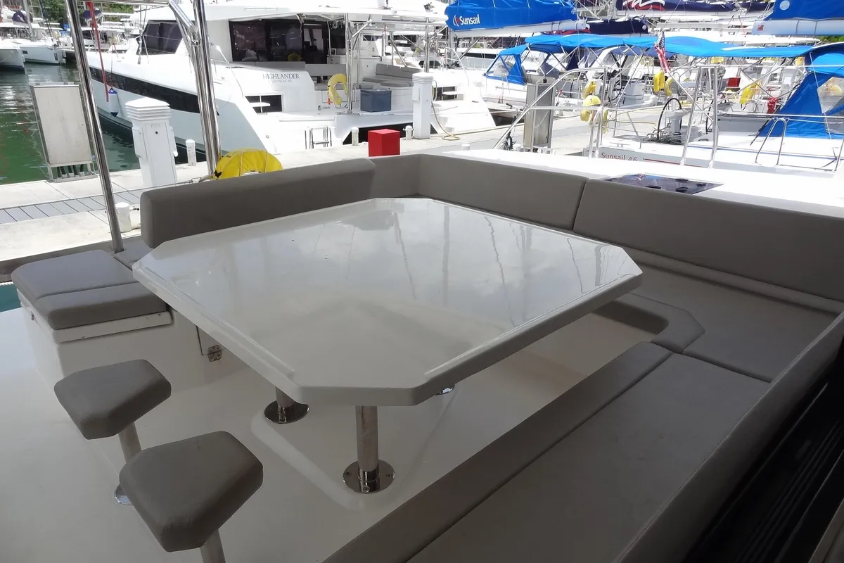 Deck of Good Vibrations, a Beneteau Moorings 5000 catamaran at Road Town, British Virgin Islands
