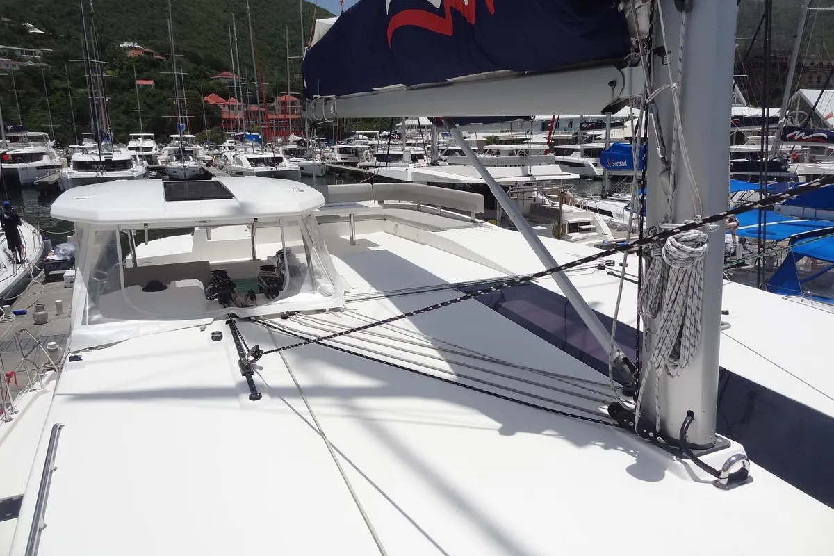 Exterior view of Good Vibrations, a Beneteau Moorings 5000 catamaran at Road Town, British Virgin Islands