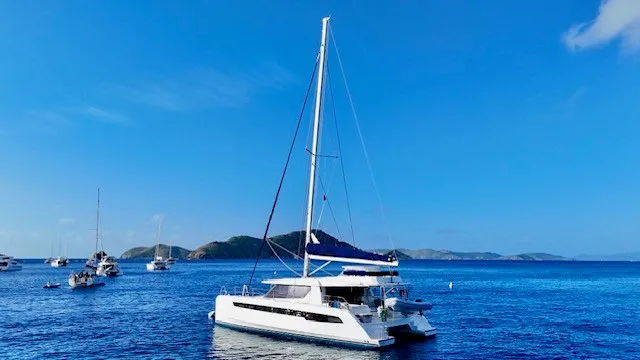 Exterior view of Good Vibrations, a Beneteau Moorings 5000 catamaran at Road Town, British Virgin Islands