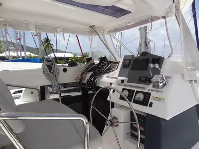 Cockpit of Good Vibrations, a Beneteau Moorings 5000 catamaran at Road Town, British Virgin Islands