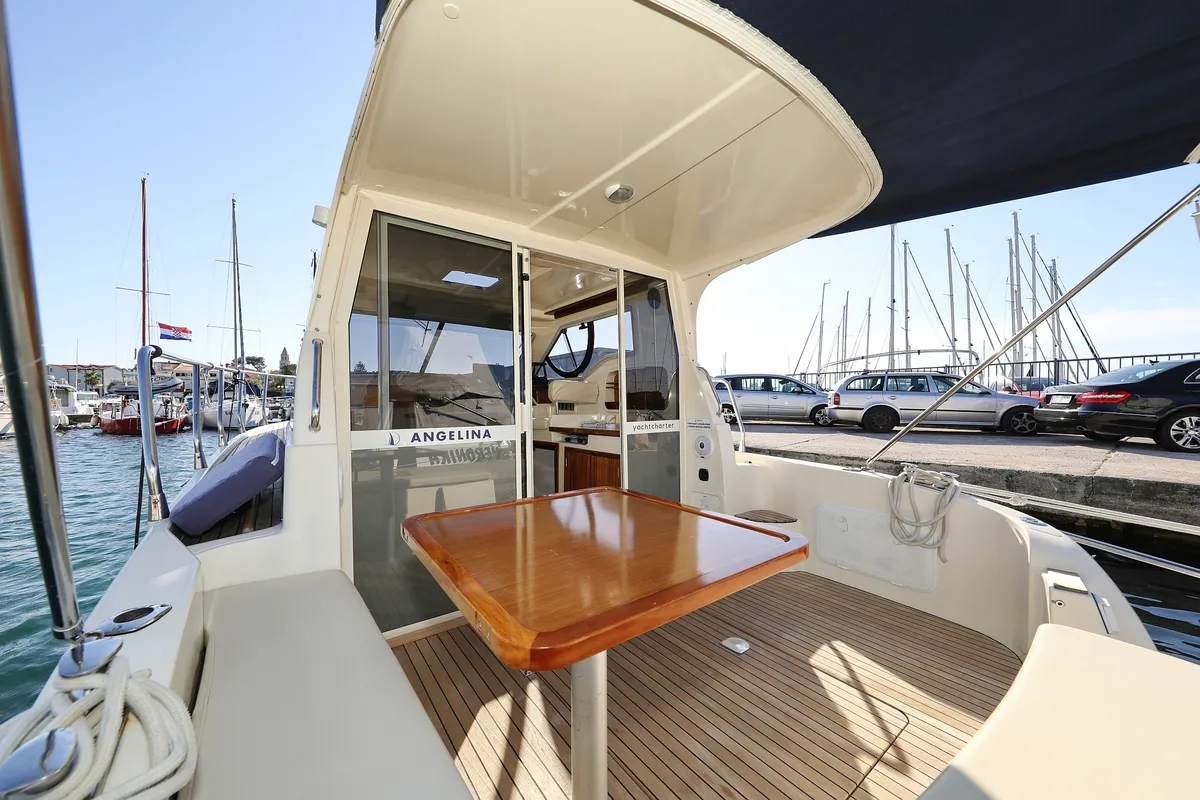 Deck of Dugi II, a Vektor 950 motorboat at Grad Biograd na Moru, Croatia