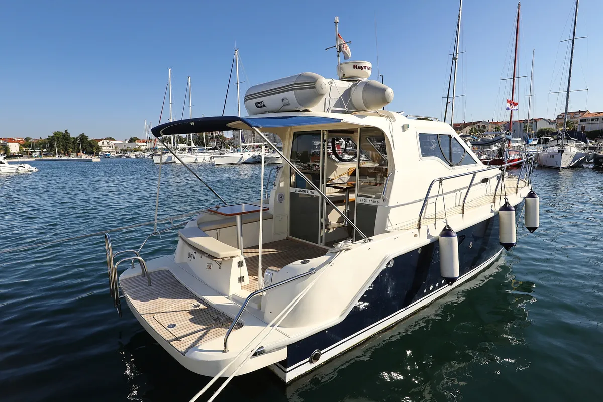 Exterior view of Dugi II, a Vektor 950 motorboat at Grad Biograd na Moru, Croatia