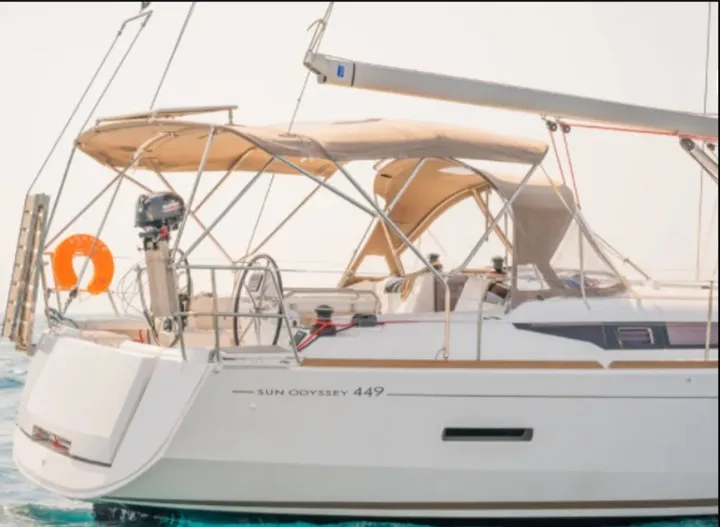 Exterior view of Sante, a Jeanneau Sun Odyssey 449 sailboat at Municipal Unit of Lefkada, Greece