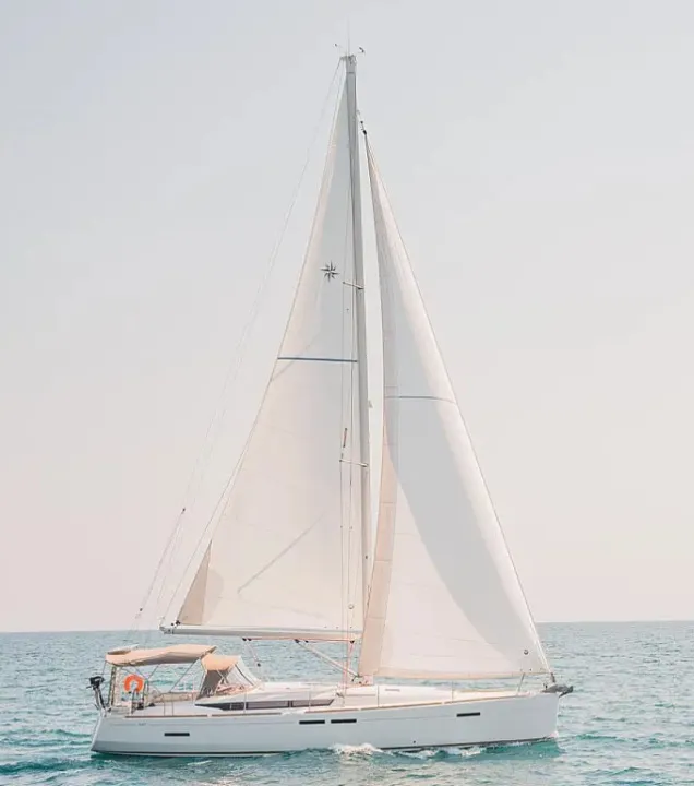 Exterior view of Sante, a Jeanneau Sun Odyssey 449 sailboat at Municipal Unit of Lefkada, Greece