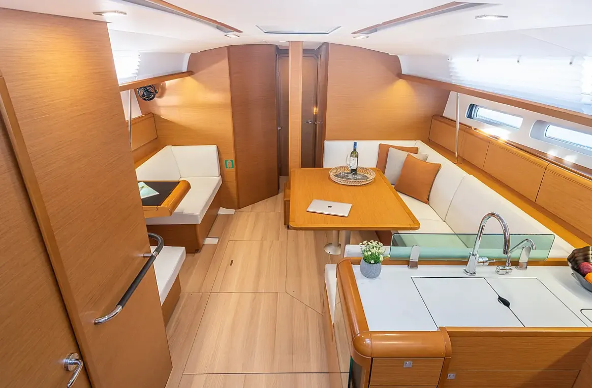 Salon of Sante, a Jeanneau Sun Odyssey 449 sailboat at Municipal Unit of Lefkada, Greece