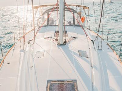 Deck of Sante, a Jeanneau Sun Odyssey 449 sailboat at Municipal Unit of Lefkada, Greece