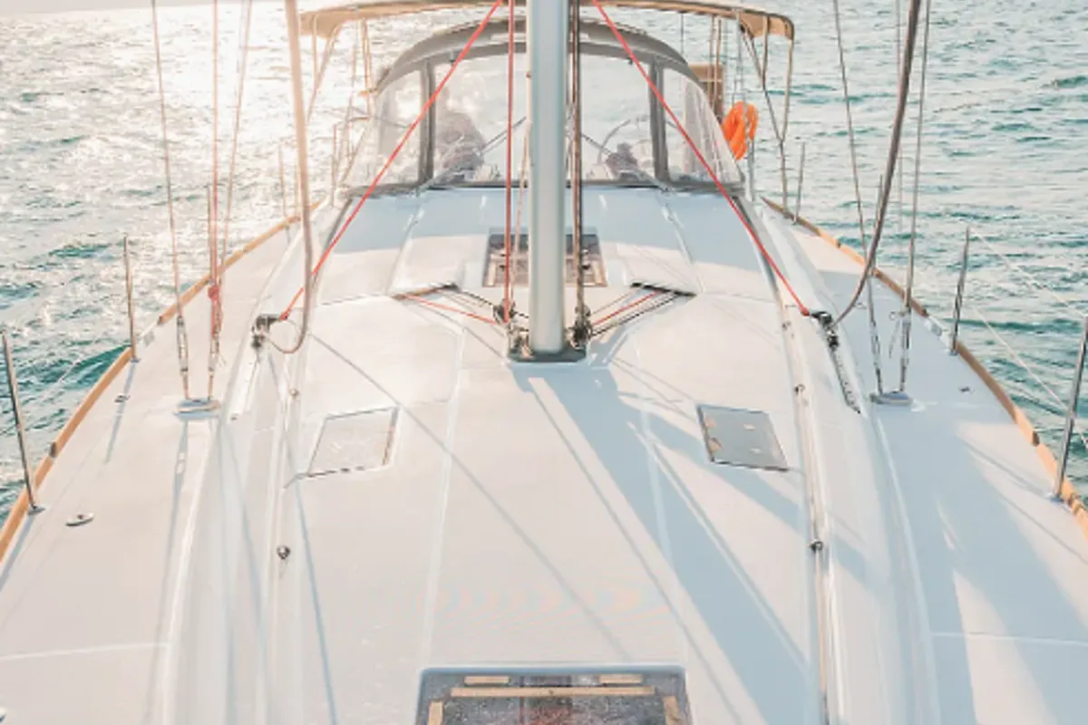 Deck of Sante, a Jeanneau Sun Odyssey 449 sailboat at Municipal Unit of Lefkada, Greece