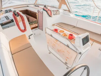 Cockpit of Sante, a Jeanneau Sun Odyssey 449 sailboat at Municipal Unit of Lefkada, Greece