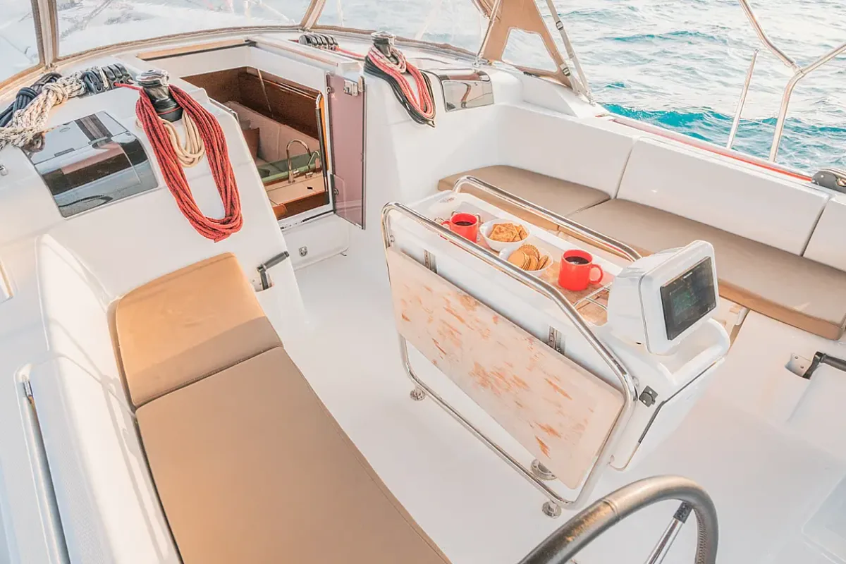 Cockpit of Sante, a Jeanneau Sun Odyssey 449 sailboat at Municipal Unit of Lefkada, Greece
