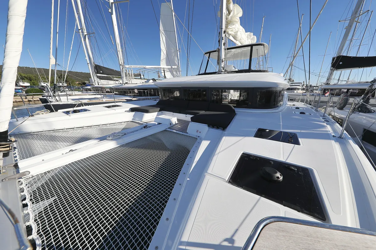 Exterior view of Celeste Del Mar, a Lagoon 50 catamaran at Sukošan, Croatia