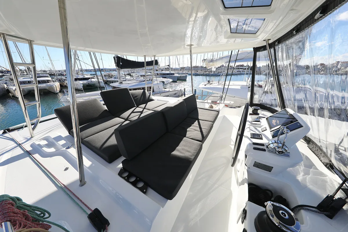 Cockpit of Celeste Del Mar, a Lagoon 50 catamaran at Sukošan, Croatia