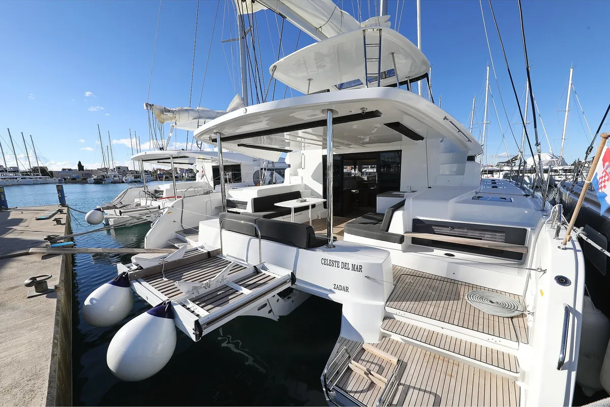 Exterior view of Celeste Del Mar, a Lagoon 50 catamaran at Sukošan, Croatia