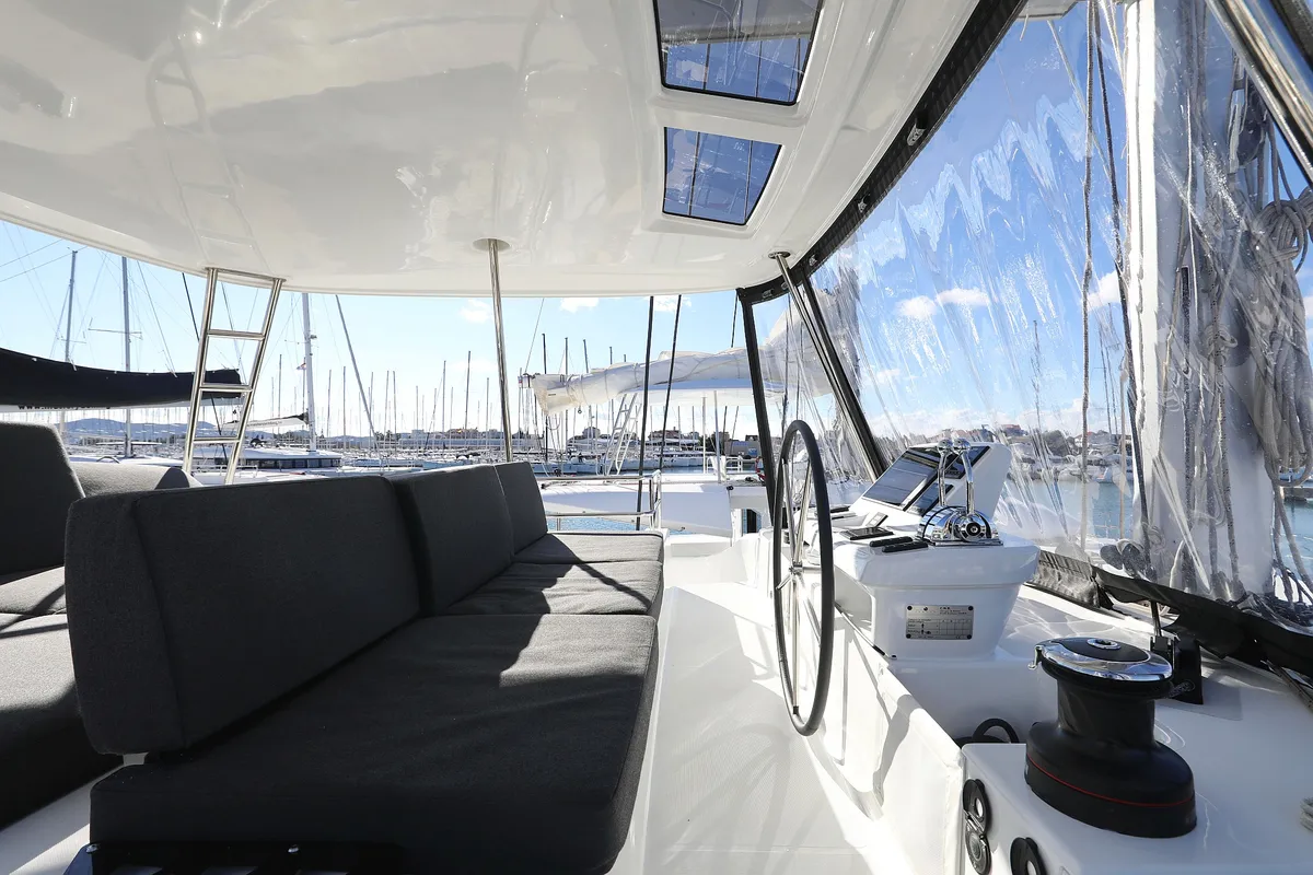 Cockpit of Celeste Del Mar, a Lagoon 50 catamaran at Sukošan, Croatia