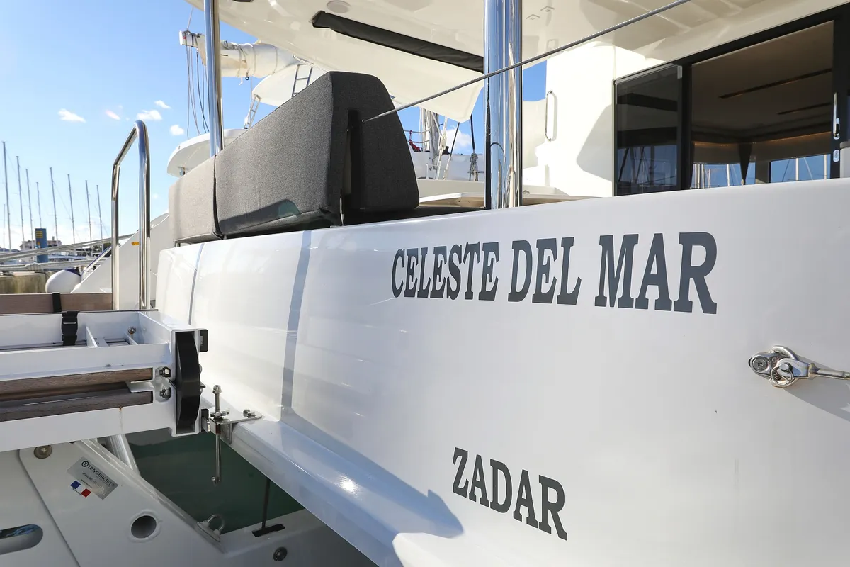 Exterior view of Celeste Del Mar, a Lagoon 50 catamaran at Sukošan, Croatia