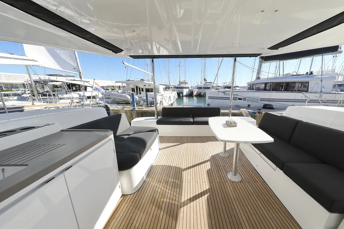 Deck of Celeste Del Mar, a Lagoon 50 catamaran at Sukošan, Croatia