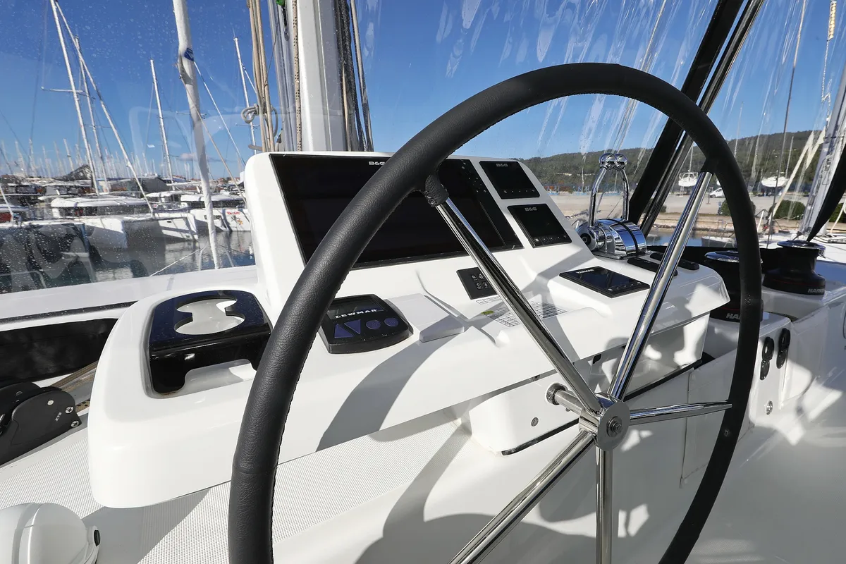 Cockpit of Celeste Del Mar, a Lagoon 50 catamaran at Sukošan, Croatia