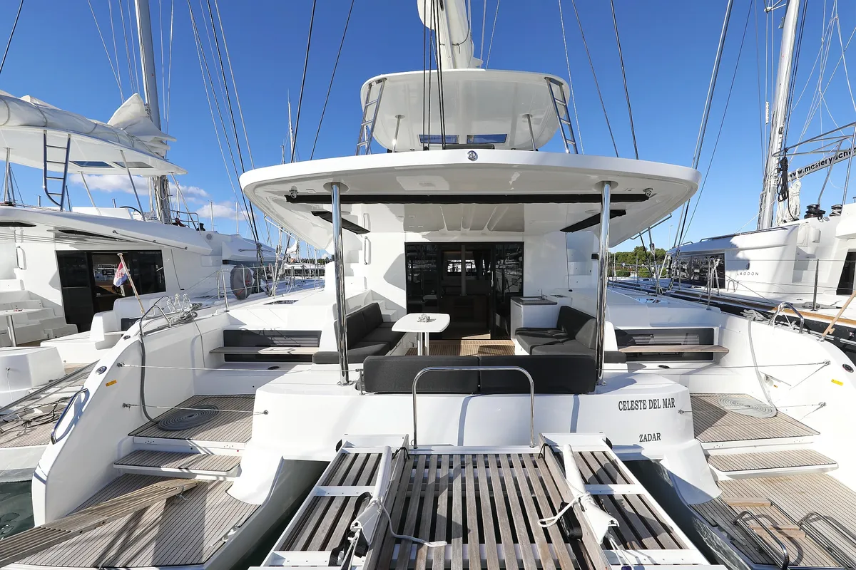Exterior view of Celeste Del Mar, a Lagoon 50 catamaran at Sukošan, Croatia