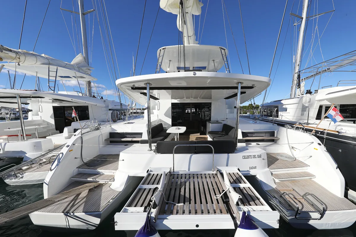 Exterior view of Celeste Del Mar, a Lagoon 50 catamaran at Sukošan, Croatia