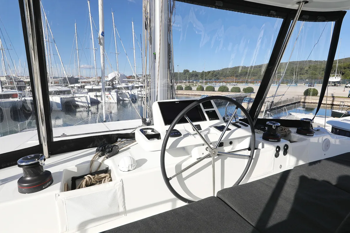 Cockpit of Celeste Del Mar, a Lagoon 50 catamaran at Sukošan, Croatia