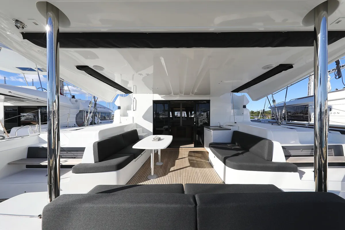 Deck of Celeste Del Mar, a Lagoon 50 catamaran at Sukošan, Croatia
