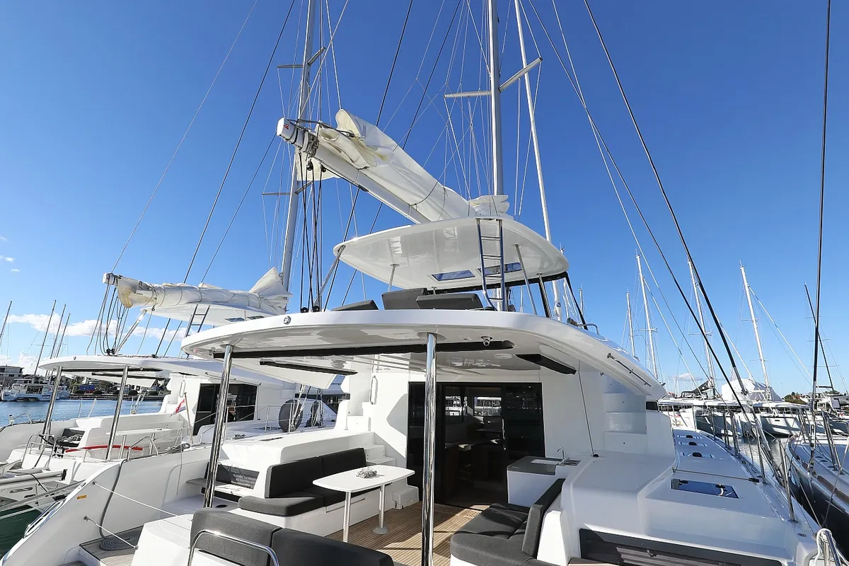 Exterior view of Celeste Del Mar, a Lagoon 50 catamaran at Sukošan, Croatia