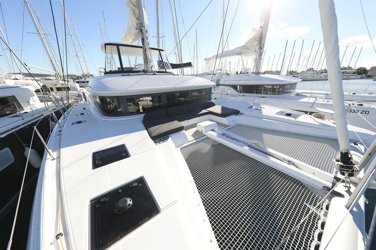 Exterior view of Celeste Del Mar, a Lagoon 50 catamaran at Sukošan, Croatia