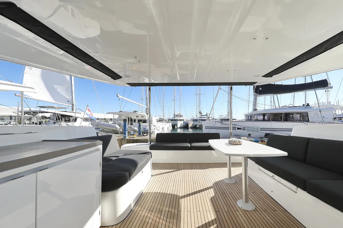 Deck of Celeste Del Mar, a Lagoon 50 catamaran at Sukošan, Croatia