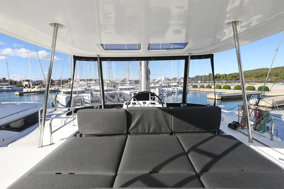Cockpit of Celeste Del Mar, a Lagoon 50 catamaran at Sukošan, Croatia