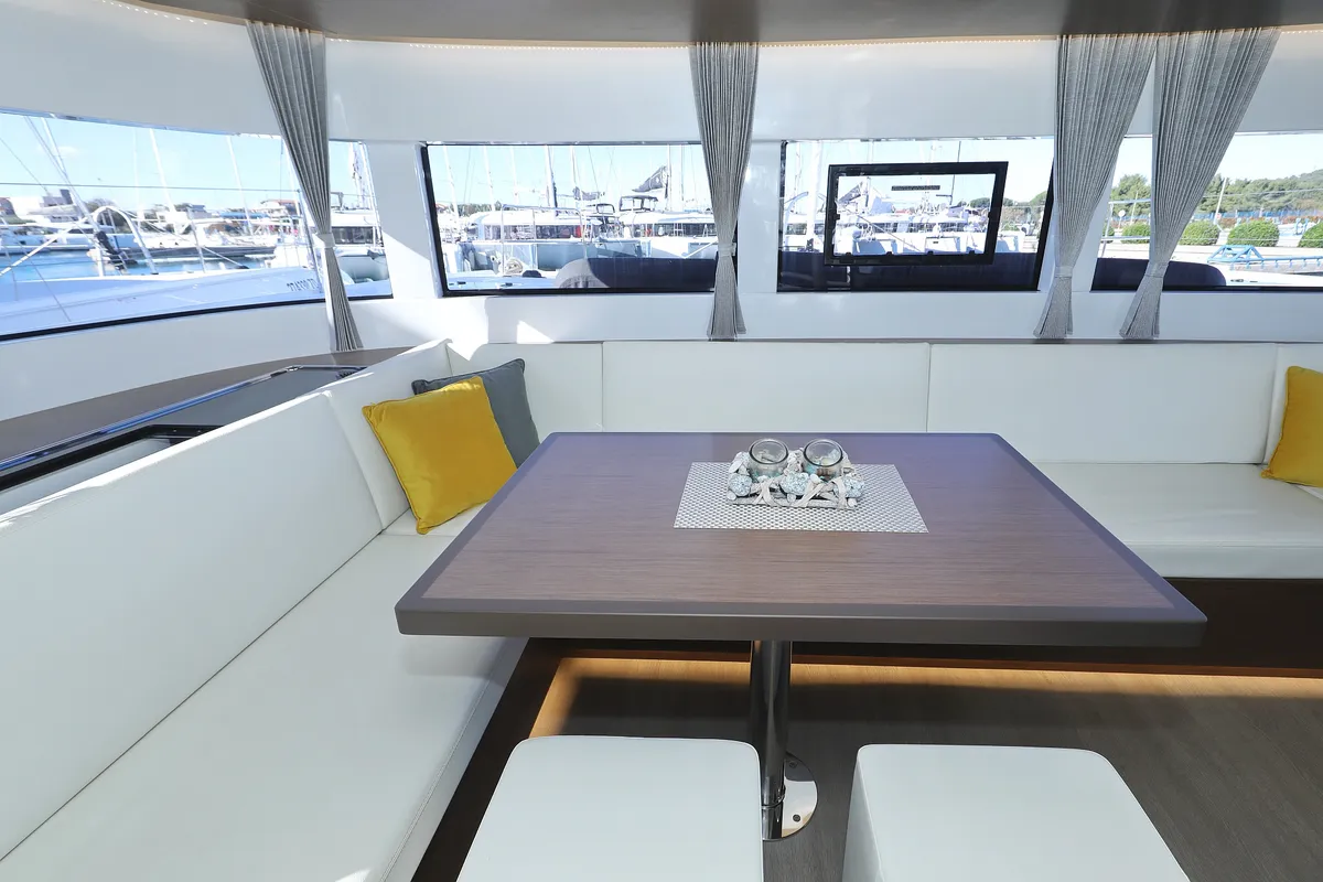 Salon of Celeste Del Mar, a Lagoon 50 catamaran at Sukošan, Croatia