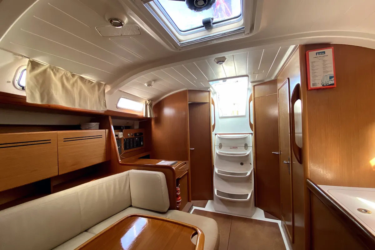 Salon of Six Pack, a Beneteau Cyclades 39.3 sailboat at Fethiye, Turkey