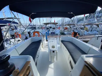 Deck of Six Pack, a Beneteau Cyclades 39.3 sailboat at Fethiye, Turkey
