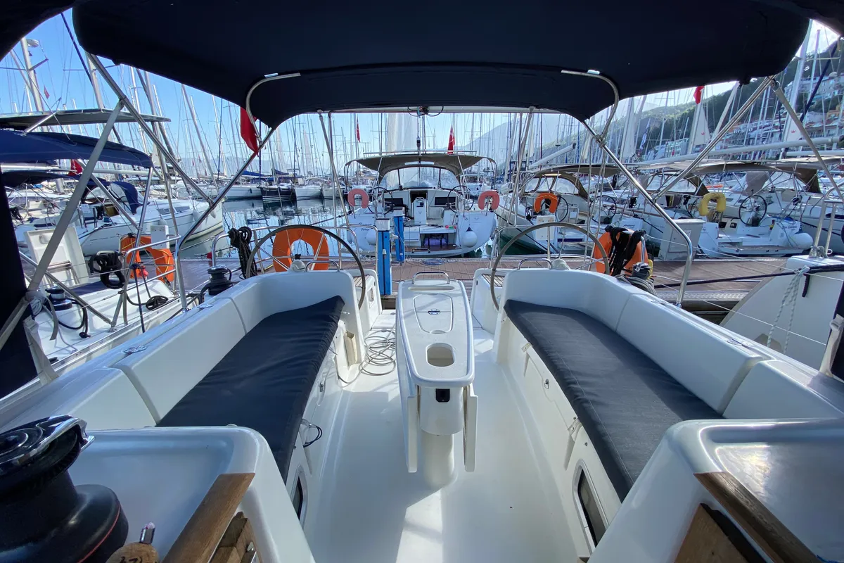 Deck of Six Pack, a Beneteau Cyclades 39.3 sailboat at Fethiye, Turkey