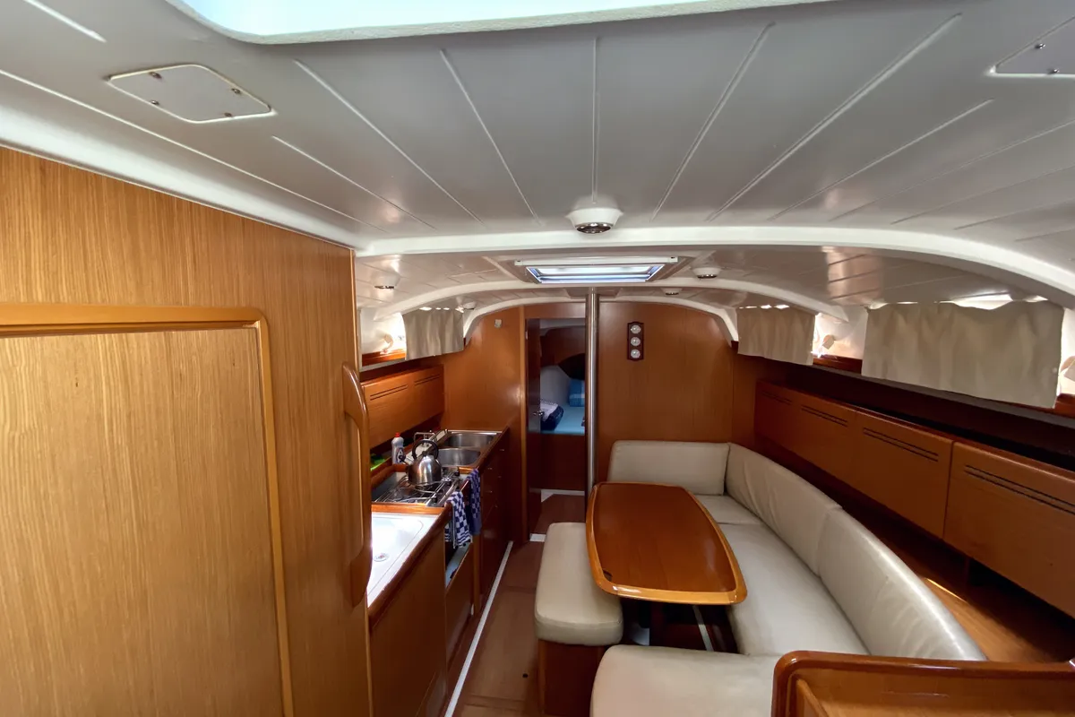 Salon of Six Pack, a Beneteau Cyclades 39.3 sailboat at Fethiye, Turkey