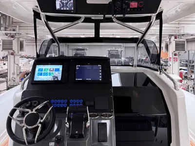 Cockpit of Mago Merlino, a Marlin 40 motorboat at Marsala, Italy