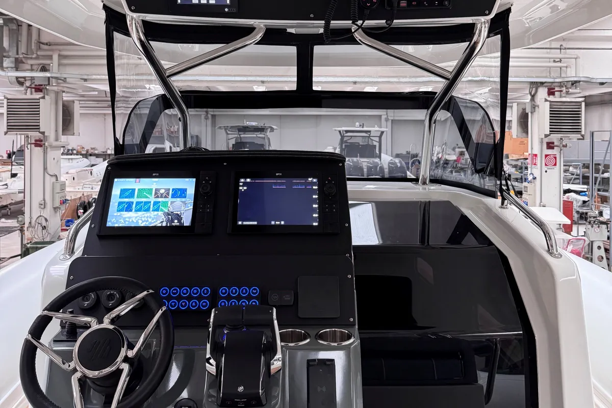Cockpit of Mago Merlino, a Marlin 40 motorboat at Marsala, Italy