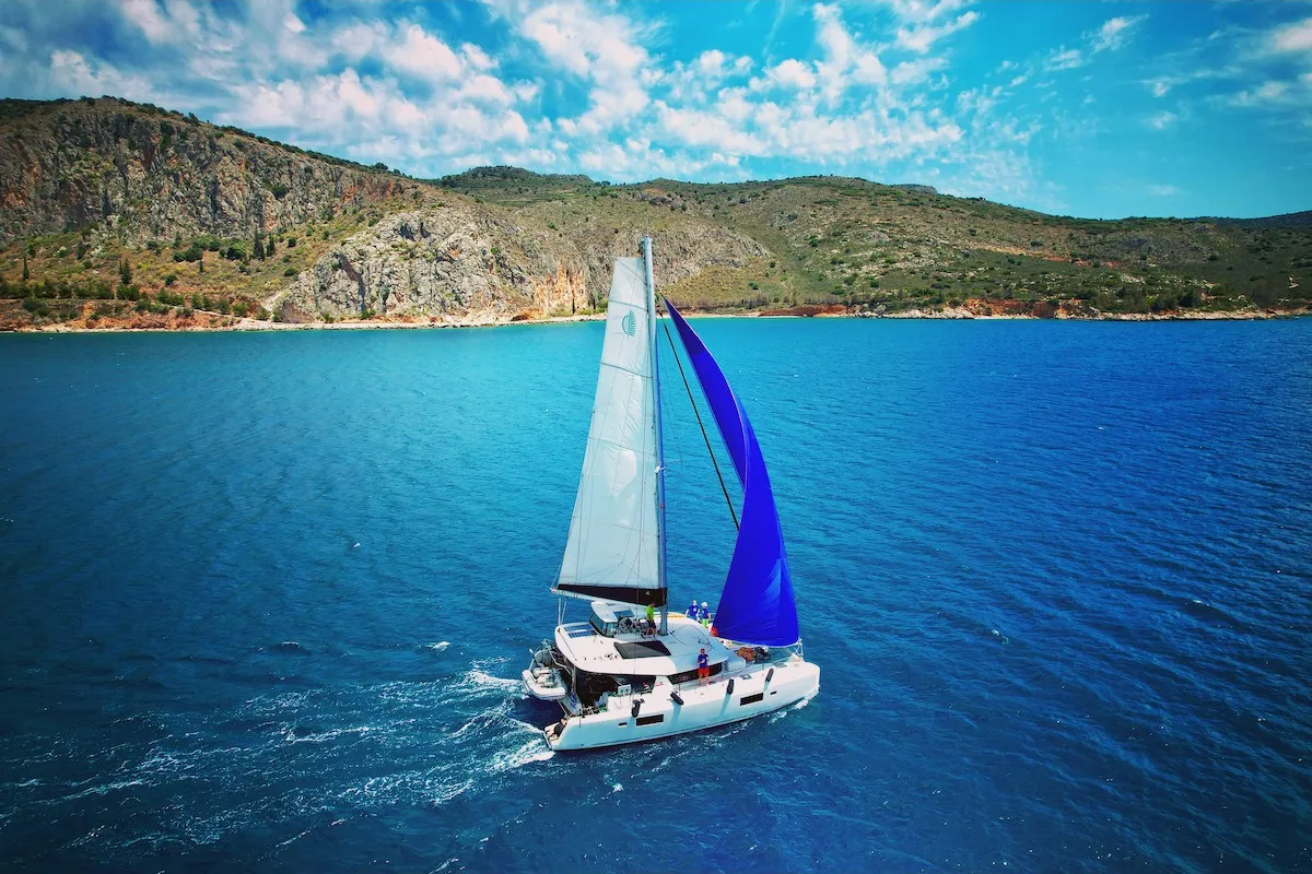 Exterior view of Aurora, a Lagoon 42 catamaran at Athens, Greece