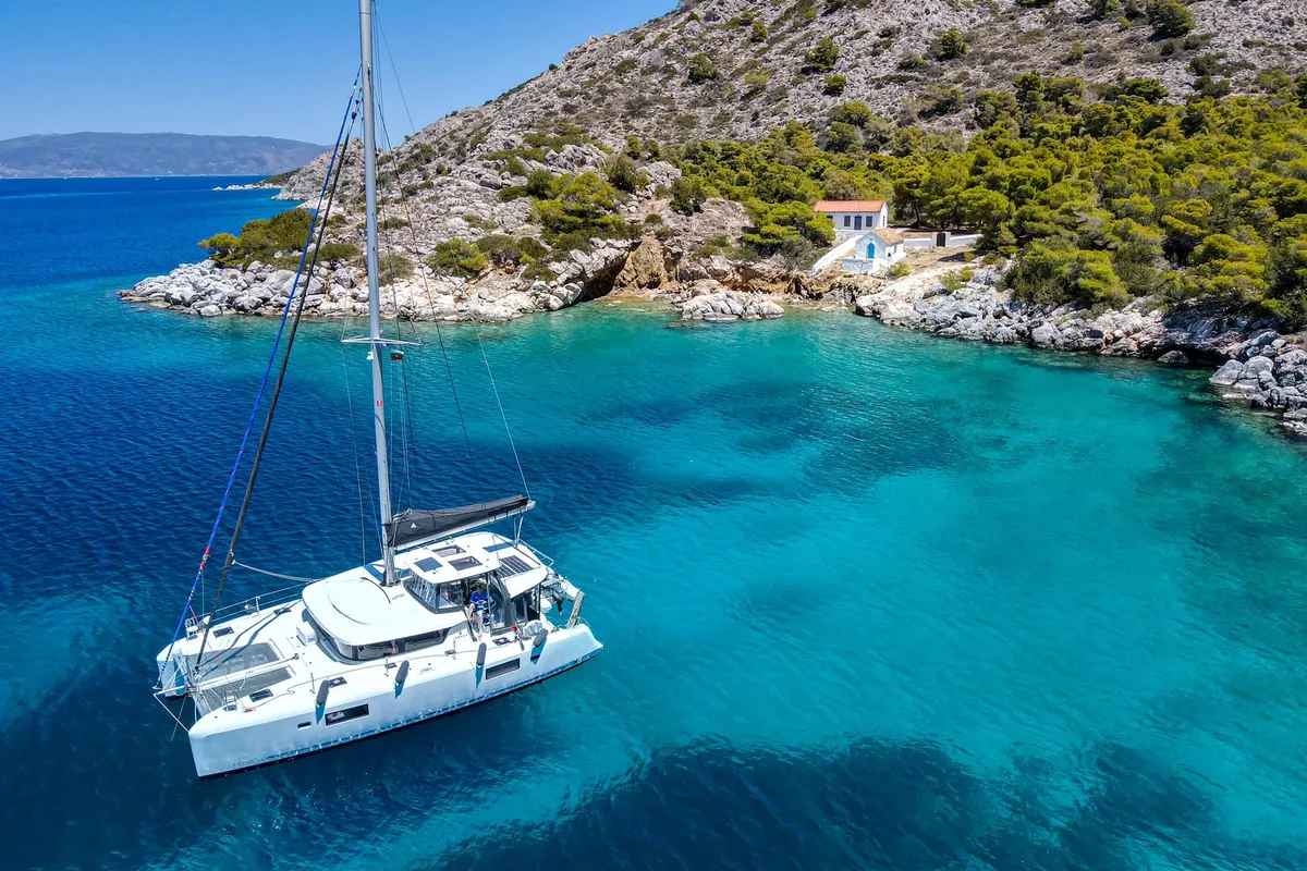 Exterior view of Aurora, a Lagoon 42 catamaran at Athens, Greece